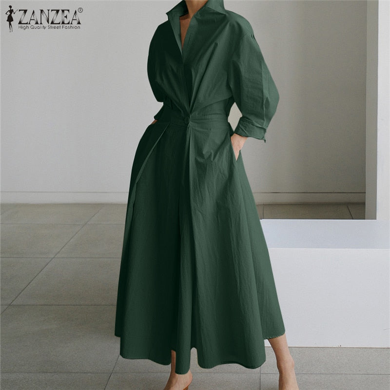 Oversized Elegant Women Spring Sundress ZANZEA Fashion Lapel Neck Long Sleeve Solid Long Shirt Dress OL Vestidos Robe Femme