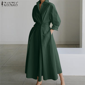 Oversized Elegant Women Spring Sundress ZANZEA Fashion Lapel Neck Long Sleeve Solid Long Shirt Dress OL Vestidos Robe Femme