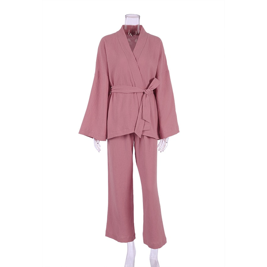 100% Cotton Women&#39;s Nightgown Robe Pajama Sets Flare Nightgown Trouser Suits Drop Sleeves Set Woman 2 Pieces Bathrobe For Women