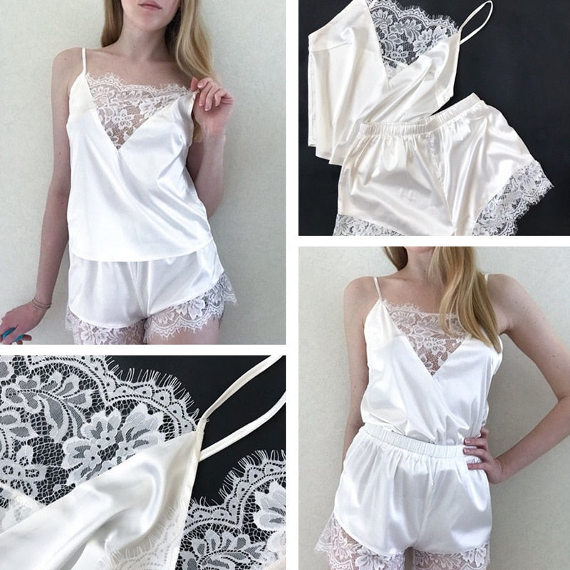 Women Pajamas Sexy Lace Pijama Nightie Sleepwear Home Clothes Tops and Shorts Women&#39;s Silk Pajamas Solid Color Pajama Set Women