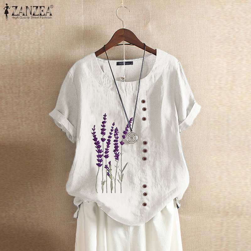 Summer Embroidery Tops Kaftan Women's Blouse 2023 ZANZEA Short Sleeve Tee Shirts Female O Neck Blusas  Casual Tunic