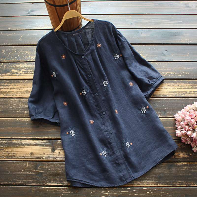 Stylish Summer Tops Women's Embroidery Blouses ZANZEA Floral Blusas Female Short Sleeve Tunic Casual Button Chemise