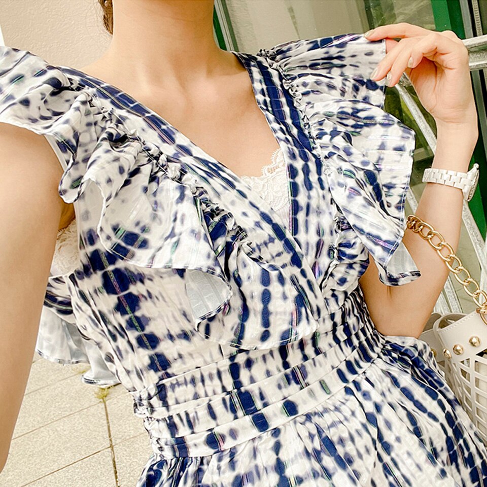 Leisurely Vacation Bohemia Dress 2022 Summer Sexy V-Neck Sleeveless Decoration Ruffled Cascading Loose Hem Women&#39;s Dresses