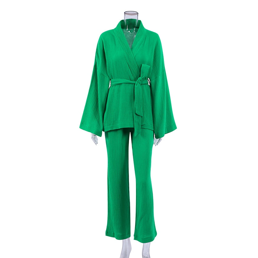 100% Cotton Women&#39;s Nightgown Robe Pajama Sets Flare Nightgown Trouser Suits Drop Sleeves Set Woman 2 Pieces Bathrobe For Women