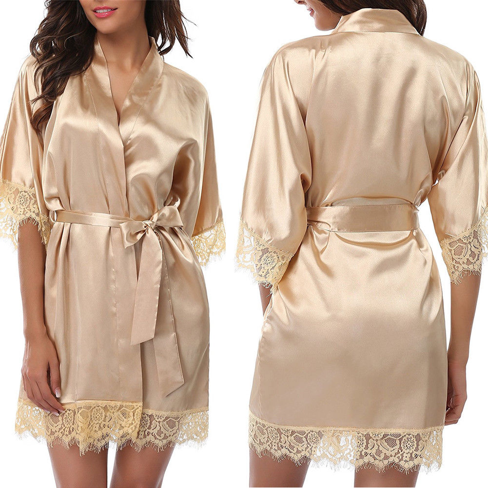 Silk Lace Dress Women&#39;s Sleepwear Mini Robe Half Sleeve Lace Bathrobe Sexy Lingerie Night Gown Thongs Nightdress
