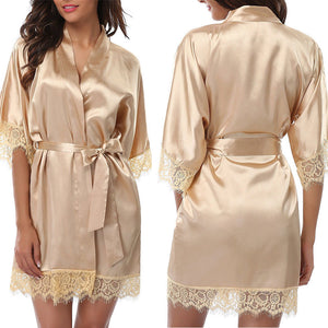 Silk Lace Dress Women&#39;s Sleepwear Mini Robe Half Sleeve Lace Bathrobe Sexy Lingerie Night Gown Thongs Nightdress