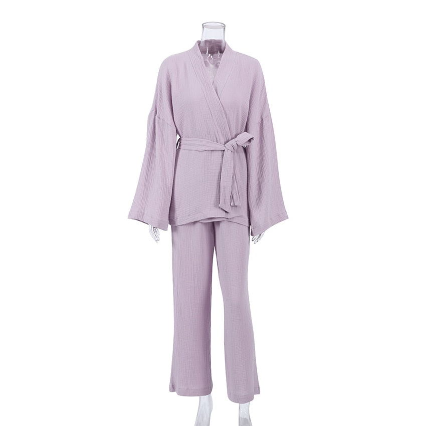 100% Cotton Women&#39;s Nightgown Robe Pajama Sets Flare Nightgown Trouser Suits Drop Sleeves Set Woman 2 Pieces Bathrobe For Women