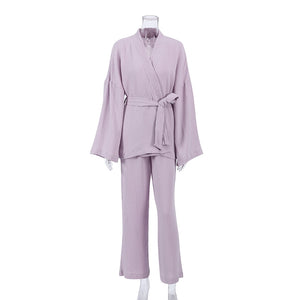 100% Cotton Women&#39;s Nightgown Robe Pajama Sets Flare Nightgown Trouser Suits Drop Sleeves Set Woman 2 Pieces Bathrobe For Women