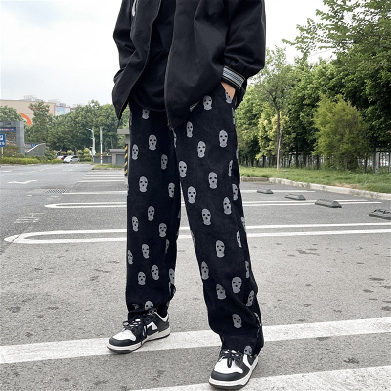 2021 Preppy Style Skull Full Print Drawstring Casual Corduroy Men Baggy Pants Hip Hop Straight Sweatpants Male Loose Trousers
