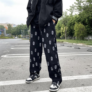2021 Preppy Style Skull Full Print Drawstring Casual Corduroy Men Baggy Pants Hip Hop Straight Sweatpants Male Loose Trousers