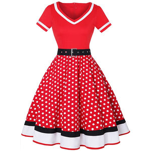 50s 60s Women's Vintage Party Dress With Belt Polka Dot Print Short Sleeve Hepburn Oversized Robe Pin Up Rockabilly Dresses