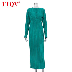 TTQV Winter O-Neck Green Women&#39;S Dress Elegant Long Sleeve Bodycon Midi Dresses Female Casual Pleated Dress For New Year 2022
