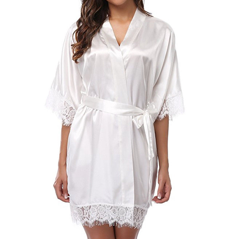 Silk Lace Dress Women&#39;s Sleepwear Mini Robe Half Sleeve Lace Bathrobe Sexy Lingerie Night Gown Thongs Nightdress