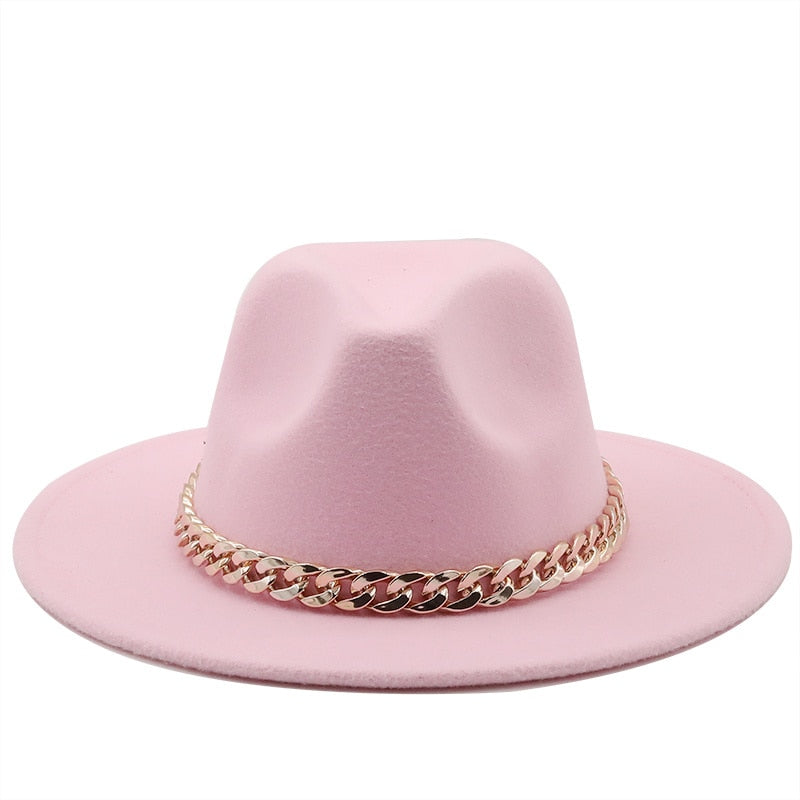 Simole fedora hüte frauen männer breite krempe Dicken gold kette band gefilzt hüte jazz kappe winter herbst panama kamel weiß frauen hüte