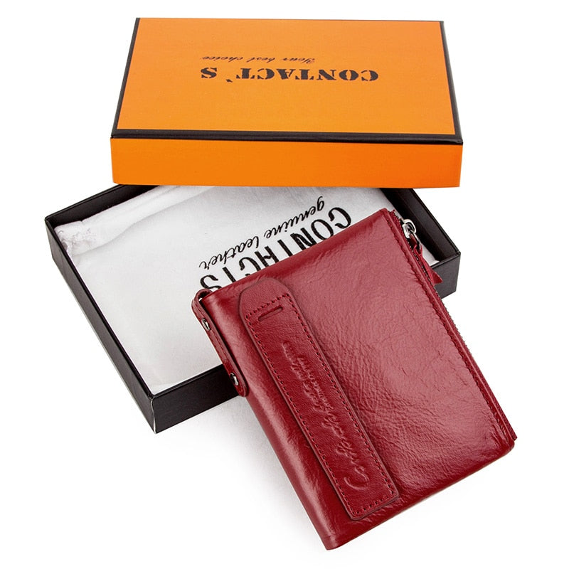 Fashion Genuine Leather Women Wallet Bi-fold Wallets Red ID Card Holder Coin Purse With Double Zipper Small Women&#39;s Purse 2022
