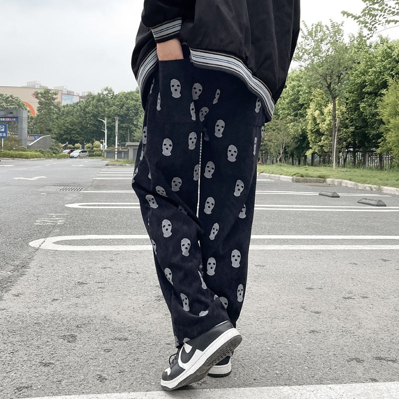 2021 Preppy Style Skull Full Print Drawstring Casual Corduroy Men Baggy Pants Hip Hop Straight Sweatpants Male Loose Trousers