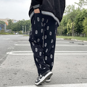 2021 Preppy Style Skull Full Print Drawstring Casual Corduroy Men Baggy Pants Hip Hop Straight Sweatpants Male Loose Trousers