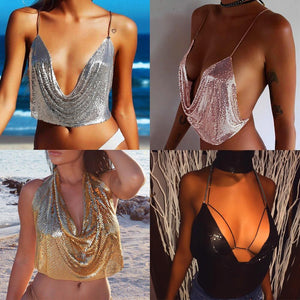 Women's Metal Sequins Camisoles Sexy Backless Chain Halter Crop Tops Party Dance Club Wear Lady Ruched Deep V Tops Streetwear