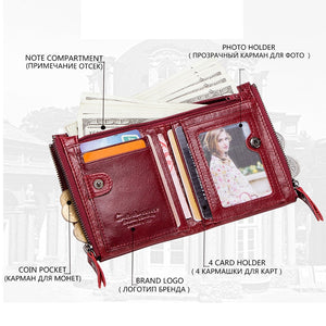 Fashion Genuine Leather Women Wallet Bi-fold Wallets Red ID Card Holder Coin Purse With Double Zipper Small Women&#39;s Purse 2022