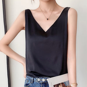Strap Top Women Halter V Neck Basic White Cami Sleeveless Satin Silk Tank Tops Women&#39;S Summer Camisole