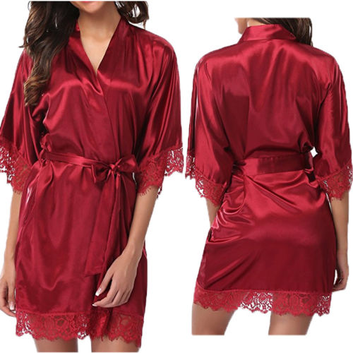 Silk Lace Dress Women&#39;s Sleepwear Mini Robe Half Sleeve Lace Bathrobe Sexy Lingerie Night Gown Thongs Nightdress