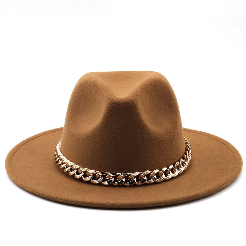 Simole fedora hüte frauen männer breite krempe Dicken gold kette band gefilzt hüte jazz kappe winter herbst panama kamel weiß frauen hüte