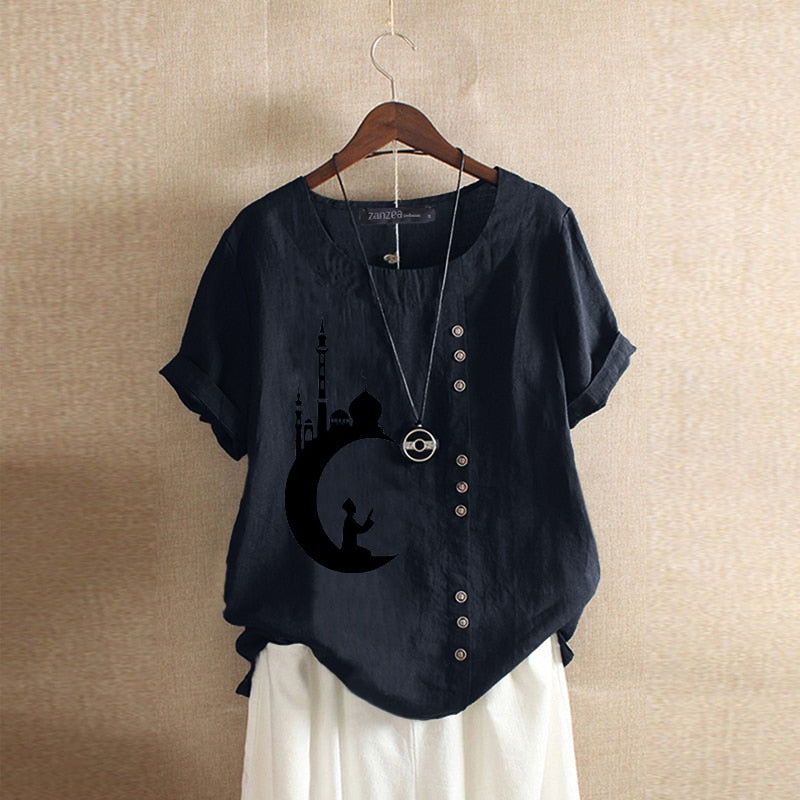 Summer Embroidery Tops Kaftan Women's Blouse 2023 ZANZEA Short Sleeve Tee Shirts Female O Neck Blusas  Casual Tunic