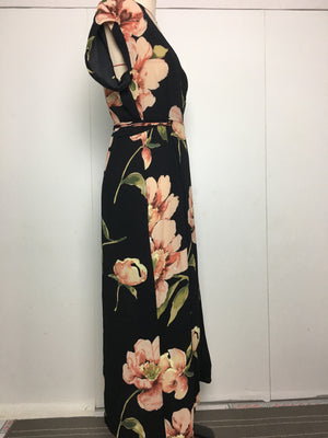 Summer New Women&#39;s Dresses V Neck Sexy High Side Split Short Sleeves Printing Floral Gowns Casual Ladies Dress Ankle Length