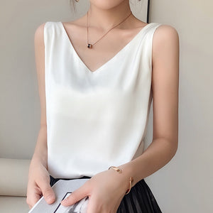 Strap Top Women Halter V Neck Basic White Cami Sleeveless Satin Silk Tank Tops Women&#39;S Summer Camisole