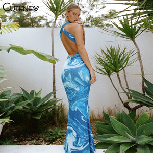 Cutenew Sexy Hollow Out Backless Print Long Dress Women's Clothes 2021 Summer Fashion Club Party Beach Vacation Lady Dresses Hot