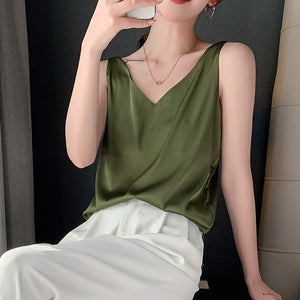 Strap Top Women Halter V Neck Basic White Cami Sleeveless Satin Silk Tank Tops Women&#39;S Summer Camisole