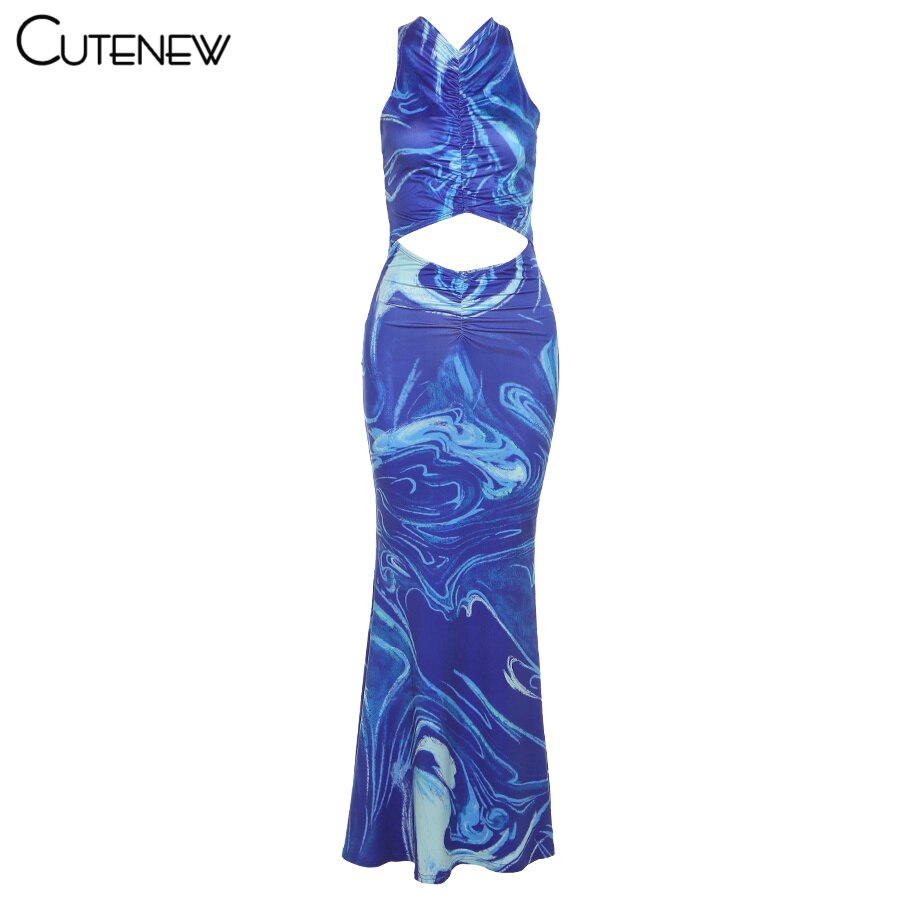 Cutenew Sexy Hollow Out Backless Print Long Dress Women's Clothes 2021 Summer Fashion Club Party Beach Vacation Lady Dresses Hot