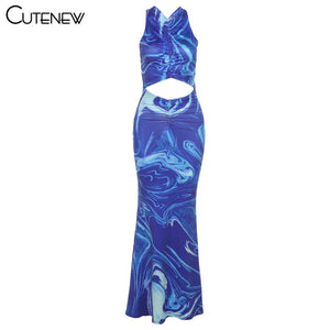 Cutenew Sexy Hollow Out Backless Print Long Dress Women's Clothes 2021 Summer Fashion Club Party Beach Vacation Lady Dresses Hot