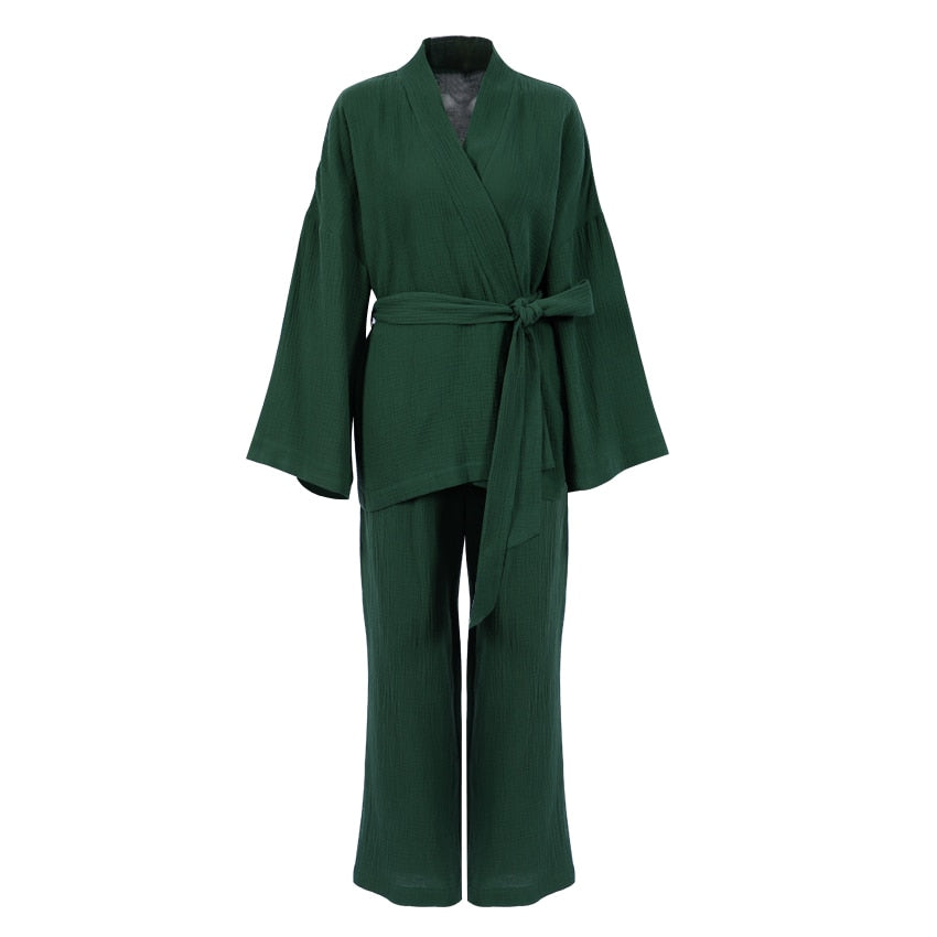 100% Cotton Women&#39;s Nightgown Robe Pajama Sets Flare Nightgown Trouser Suits Drop Sleeves Set Woman 2 Pieces Bathrobe For Women