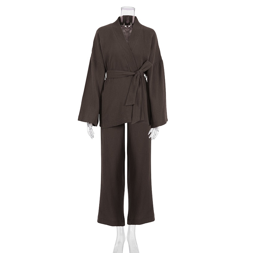 100% Cotton Women&#39;s Nightgown Robe Pajama Sets Flare Nightgown Trouser Suits Drop Sleeves Set Woman 2 Pieces Bathrobe For Women