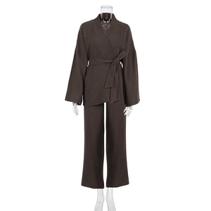 100% Cotton Women&#39;s Nightgown Robe Pajama Sets Flare Nightgown Trouser Suits Drop Sleeves Set Woman 2 Pieces Bathrobe For Women