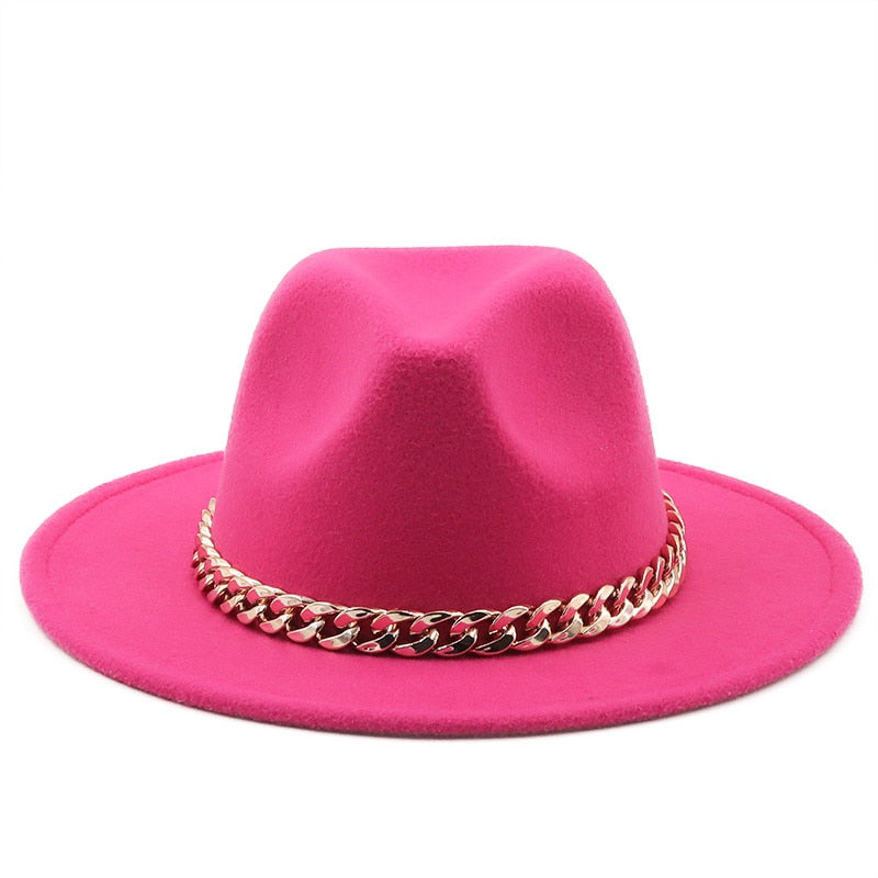 Simole fedora hüte frauen männer breite krempe Dicken gold kette band gefilzt hüte jazz kappe winter herbst panama kamel weiß frauen hüte