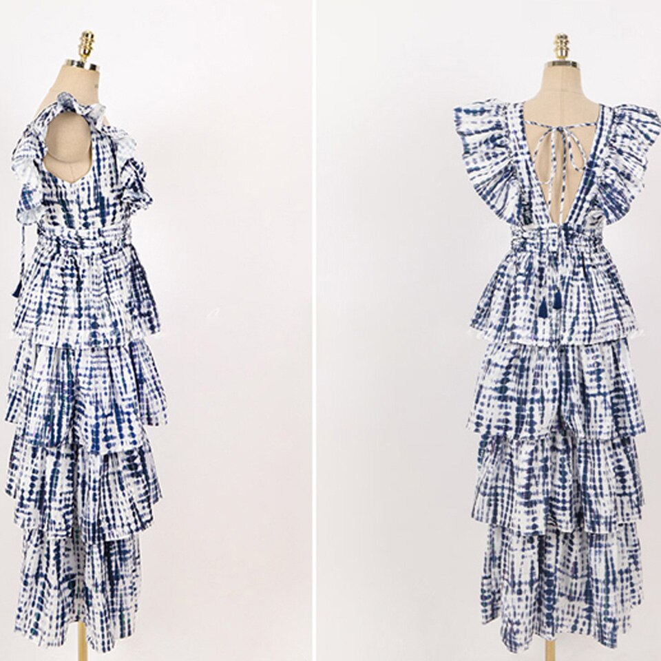 Leisurely Vacation Bohemia Dress 2022 Summer Sexy V-Neck Sleeveless Decoration Ruffled Cascading Loose Hem Women&#39;s Dresses
