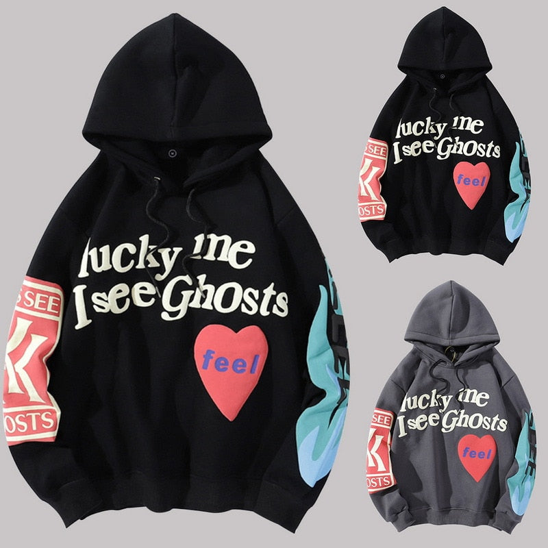 2021 Harajuku Weirdo Graffiti Letter Printed Hoodies Men Lucky Me I See Ghosts Mens Hooded Sweatshirt Fleece Pullover Streetwear