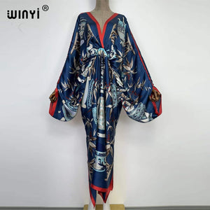 Sexy bech high-quality hand-rolled feel silk rayon fashion print 2021 WINYI Maxi women&#39;s robes long beach V-neck Bohemian dress