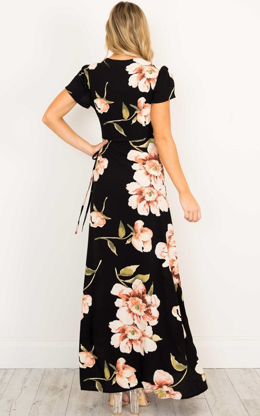 Summer New Women&#39;s Dresses V Neck Sexy High Side Split Short Sleeves Printing Floral Gowns Casual Ladies Dress Ankle Length