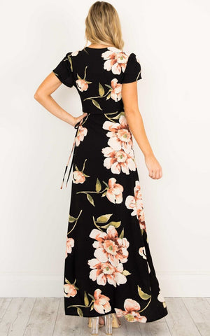 Summer New Women&#39;s Dresses V Neck Sexy High Side Split Short Sleeves Printing Floral Gowns Casual Ladies Dress Ankle Length