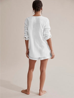 100%Cotton Autumn Sleepwear Suits With Shorts Pijama Pocket Nightwear Single Breasted Women&#39;s Nightgown Full Sleeve Women Pajama