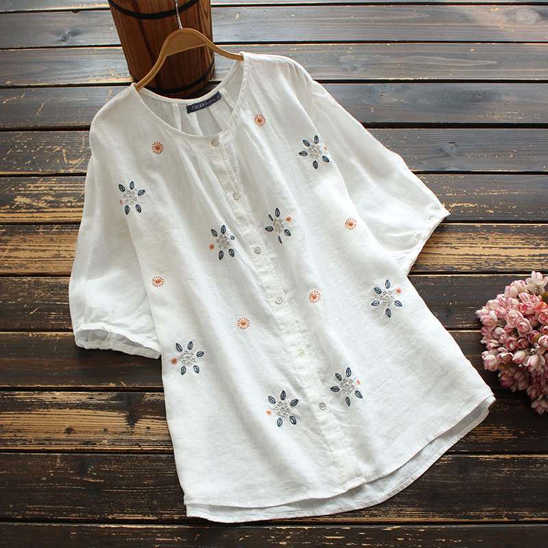 Stylish Summer Tops Women's Embroidery Blouses ZANZEA Floral Blusas Female Short Sleeve Tunic Casual Button Chemise