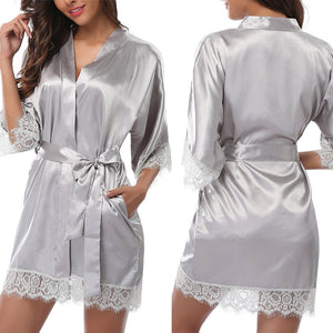 Silk Lace Dress Women&#39;s Sleepwear Mini Robe Half Sleeve Lace Bathrobe Sexy Lingerie Night Gown Thongs Nightdress
