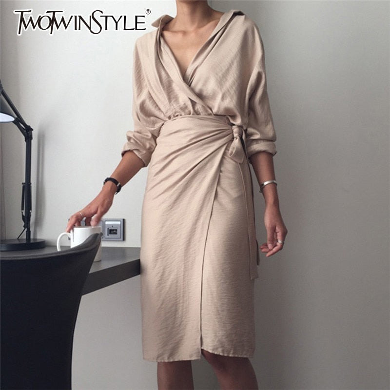 TWOTWINSTYLE Autumn Women's Dresses Long Sleeve Bandage V Neck High Waist Midi Shirt Dress Female Elegant Fashion Korean 2019