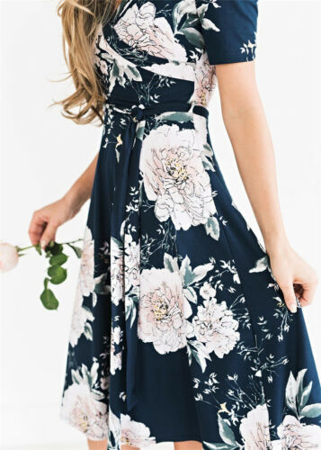 Women&#39;s Boho Chiffon Midi Casual Printed Dresses Evening Party Beach Dress Floral Sundress