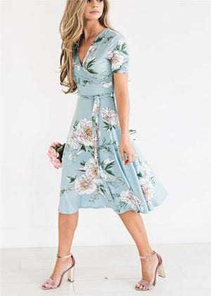 Women&#39;s Boho Chiffon Midi Casual Printed Dresses Evening Party Beach Dress Floral Sundress