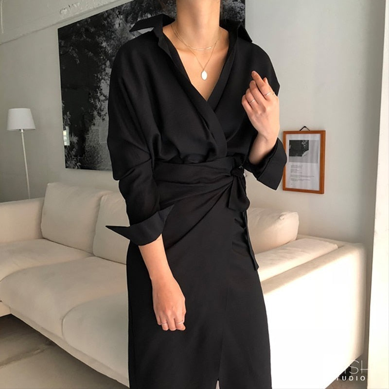TWOTWINSTYLE Autumn Women's Dresses Long Sleeve Bandage V Neck High Waist Midi Shirt Dress Female Elegant Fashion Korean 2019