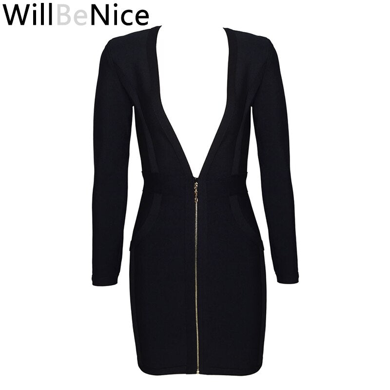 WillBeNice Black 2019 Fashion Women's Sexy Deep V Neck Autumn Long Sleeve Winter Bandage Dresses Bodycon Celebrity Party Dress